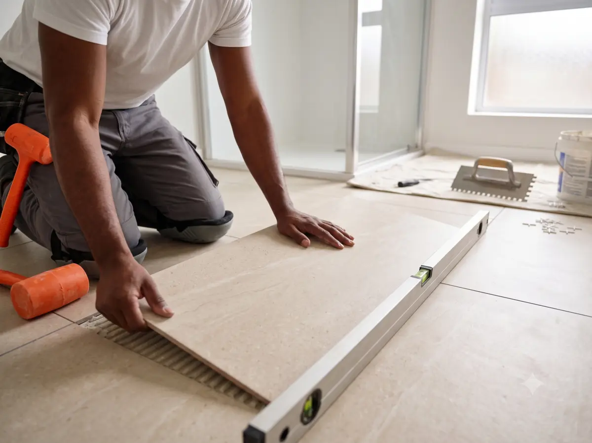 Carreleur professionnel posant du carrelage grand format