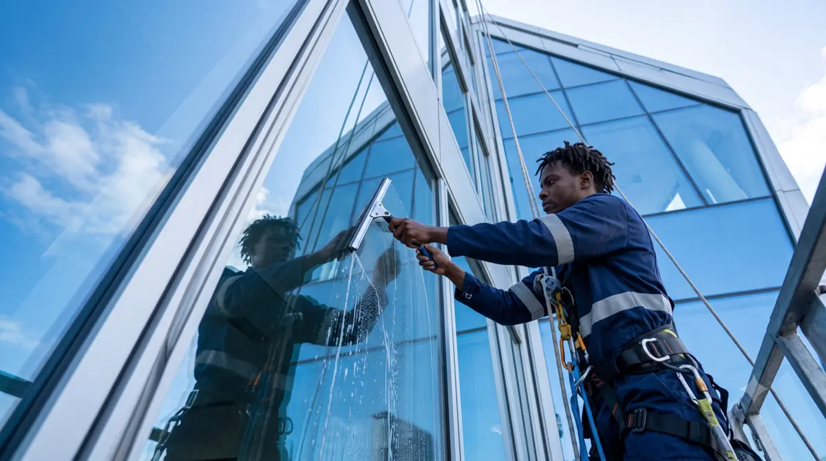 Laveur de vitres professionnel sur une façade en hauteur