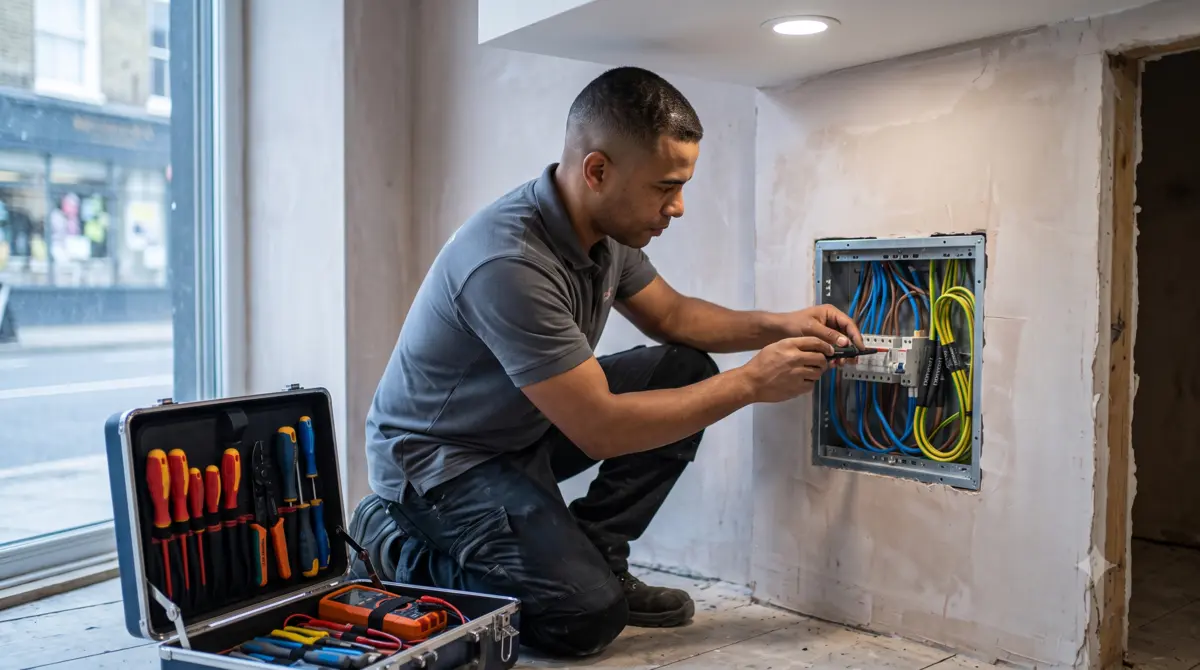 Électricien installant des prises dans un mur rénové