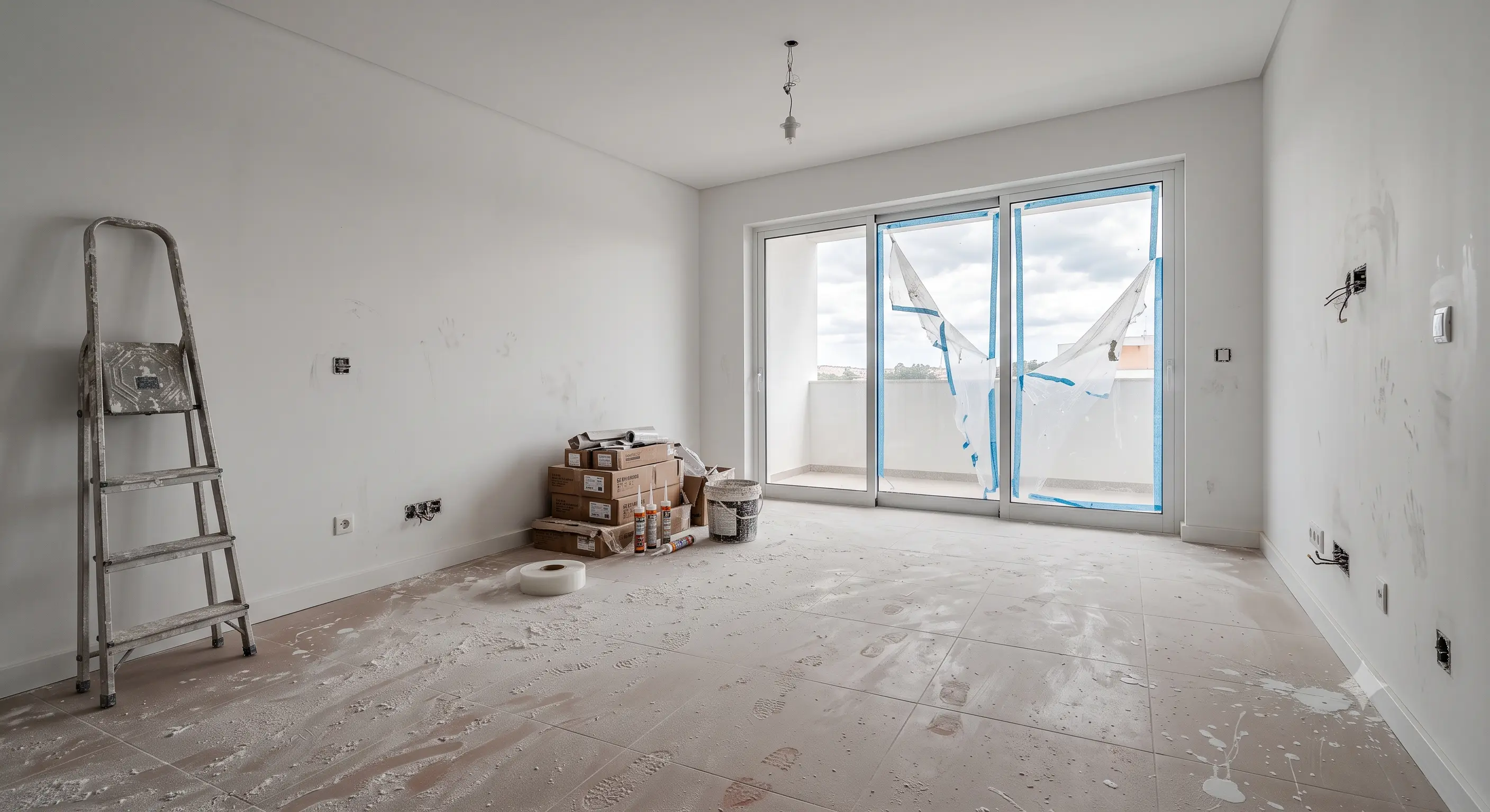 Interior de um apartamento após construção: pó, detritos, plásticos de proteção, salpicos de tinta