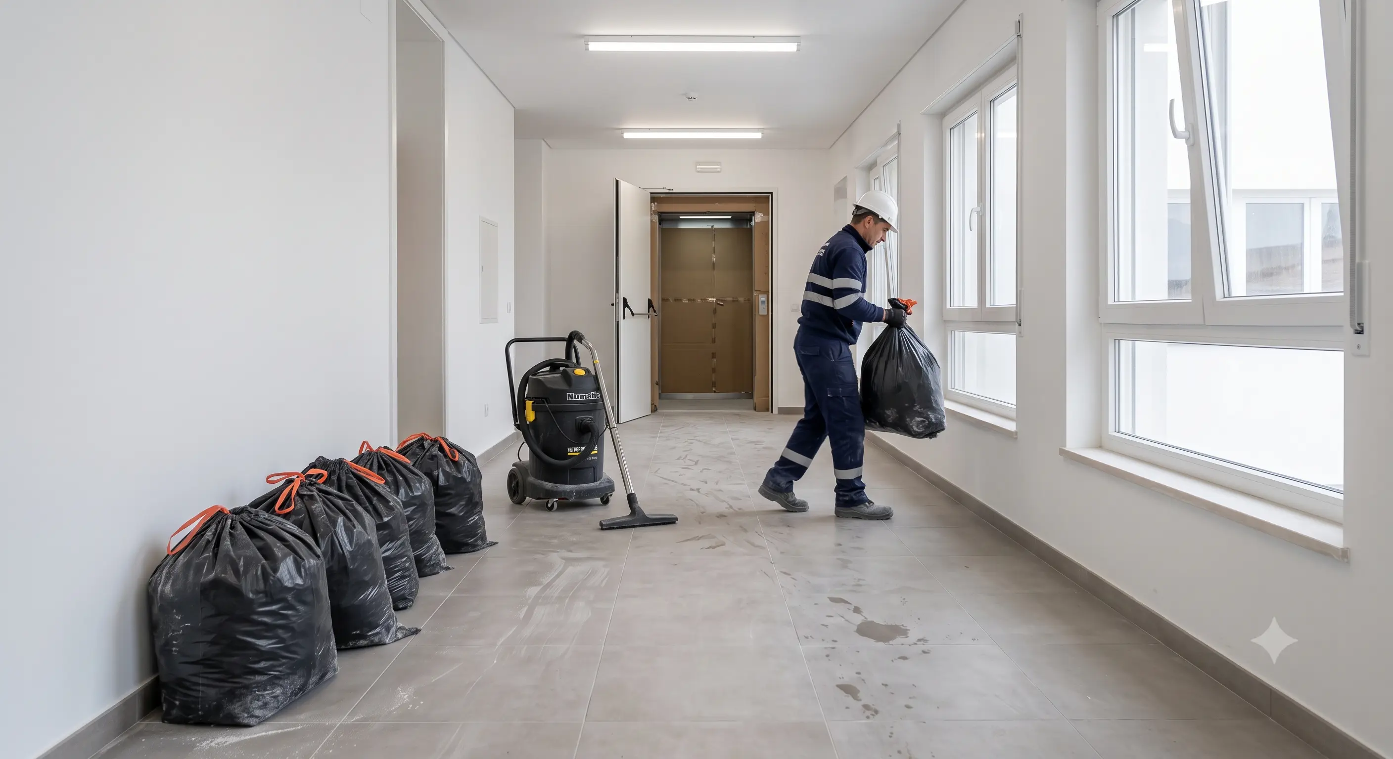 Sacos de entulho de construção e aspirador industrial num corredor de apartamento novo português