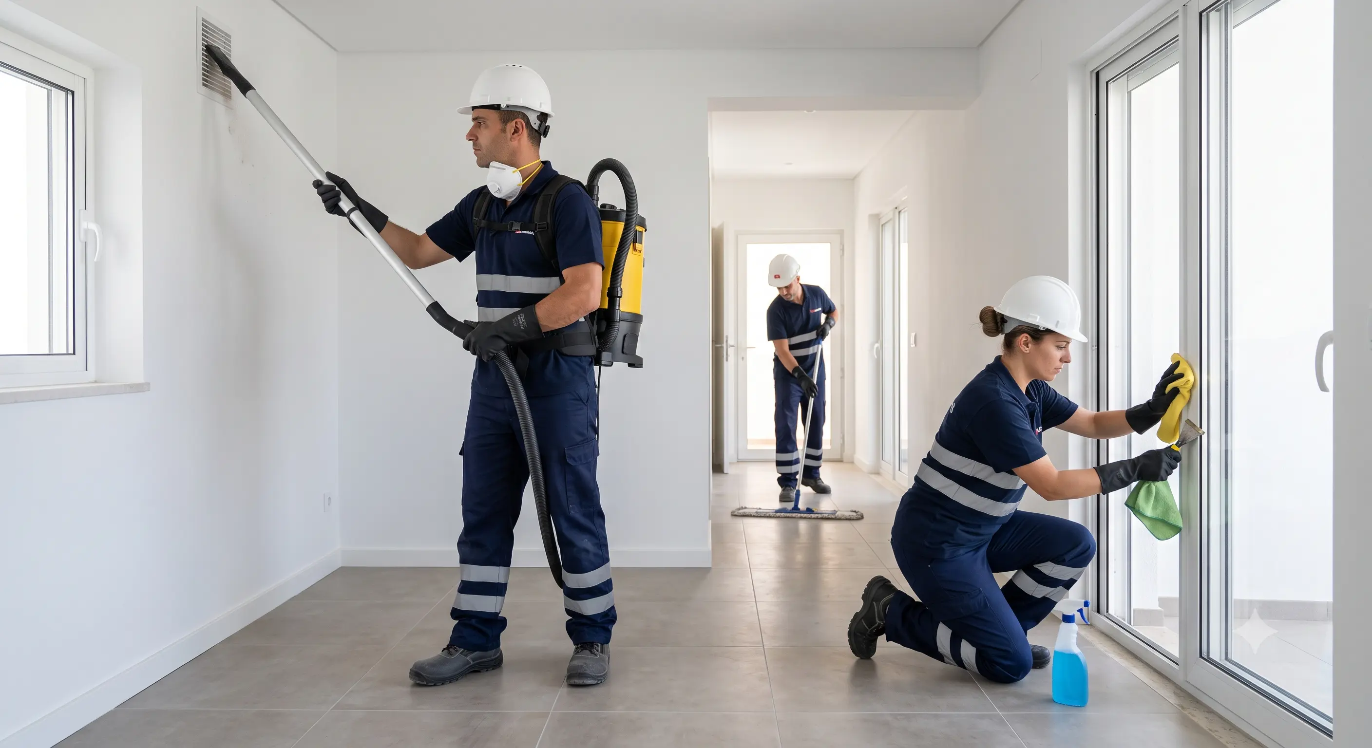 Equipa profissional de limpeza pós-obra com aspirador industrial, EPI completo e uniforme azul marinho