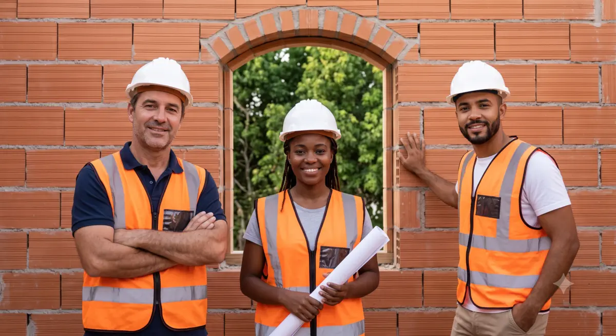 Équipe de construction devant un mur en briques